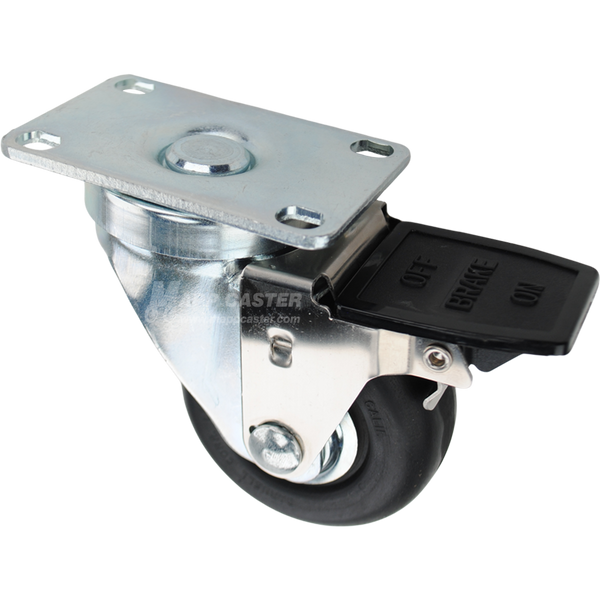 Swivel caster with face contact brake, a 3 inch black neoprene wheel with ball bearings and O1 metal plate