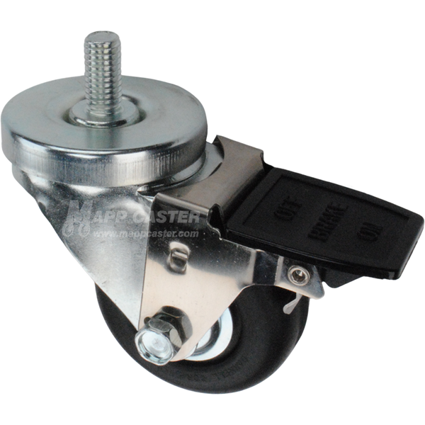 Caster wheel with face contact brake, a 3 inch black neoprene wheel and 1 inch metal threaded stem