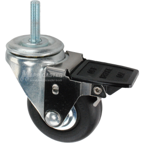 Caster wheel with face contact brake, a 3 inch black neoprene wheel and 10mm threaded metal stem