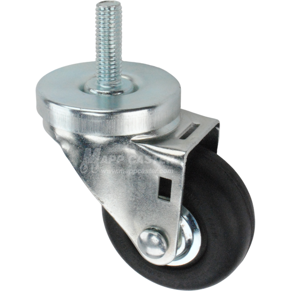 Metal caster wheel with a black neoprene tire with metal threaded stem