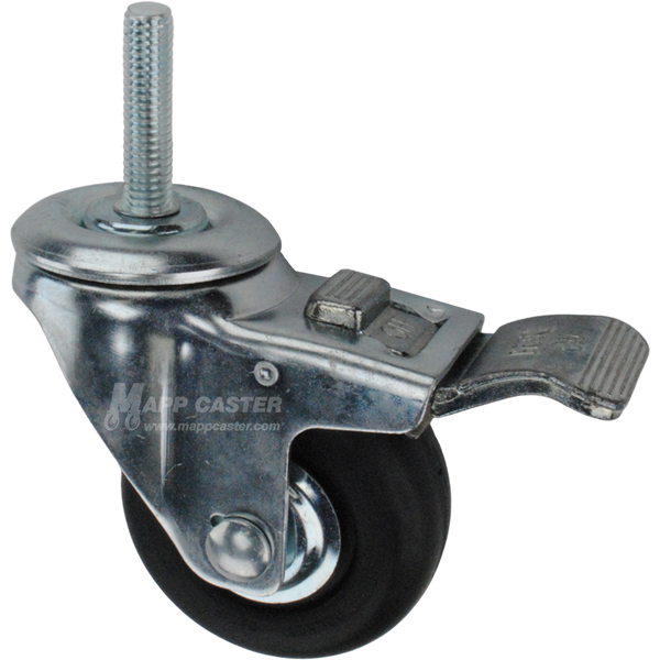 Caster wheel with a total lock brake, a 3 inch black neoprene wheel and 1-1/2 inch metal threaded stem