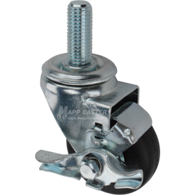 Metal caster wheel with a black neoprene tire with metal threaded stem