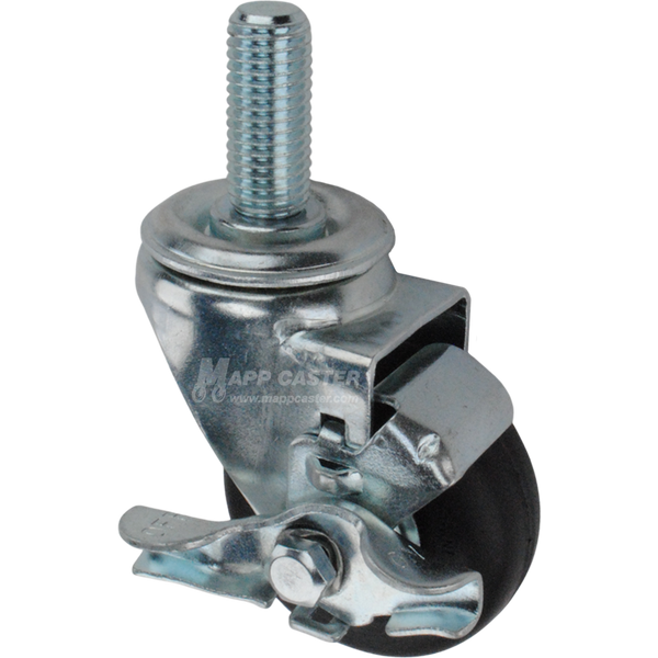 Metal caster wheel with a black neoprene tire with metal threaded stem