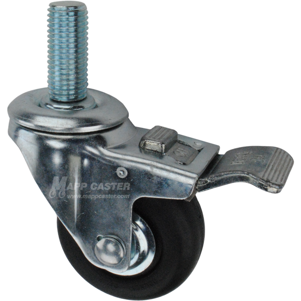 Caster wheel with a total lock brake, a 3 inch black neoprene wheel and 1-3/4 inch long 20mm metal threaded stem