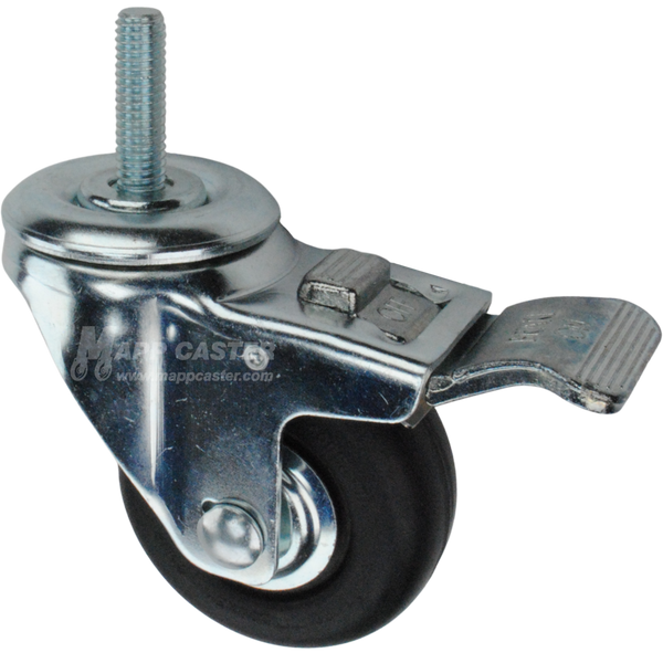 Caster wheel with a total lock brake, a 3 inch black neoprene wheel and 1-1/2 inch metal threaded stem