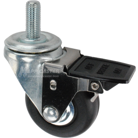 Caster wheel with face contact brake, a 3 inch black neoprene wheel and 16mm threaded metal stem