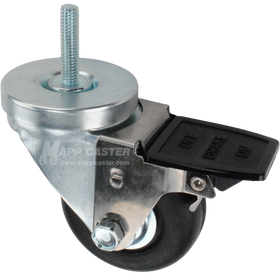 Caster wheel with face contact brake, a 3 inch black neoprene wheel and 1-1/2 inch metal threaded stem