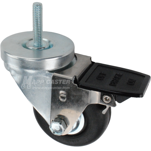 Caster wheel with face contact brake, a 3 inch black neoprene wheel and 1-1/2 inch metal threaded stem