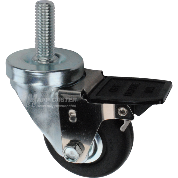Caster wheel with face contact brake, a 3 inch black neoprene wheel and 1-3/4 inch metal threaded stem