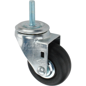 Metal caster wheel with a black neoprene tire with metric metal threaded stem