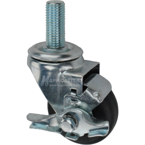 Metal caster wheel with a black neoprene tire with metric metal threaded stem