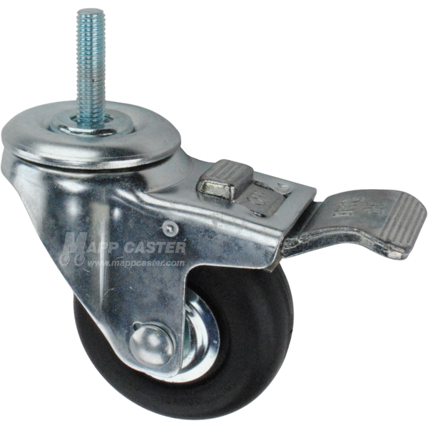 Caster wheel with a total lock brake, a 3 inch black neoprene wheel and 1-1/2 inch long 10mm metal threaded stem