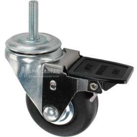 Caster wheel with face contact brake, a 3 inch black neoprene wheel and 12mm threaded metal stem