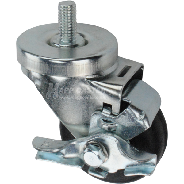 Caster wheel with brake, a black neoprene tire and metal stem thread