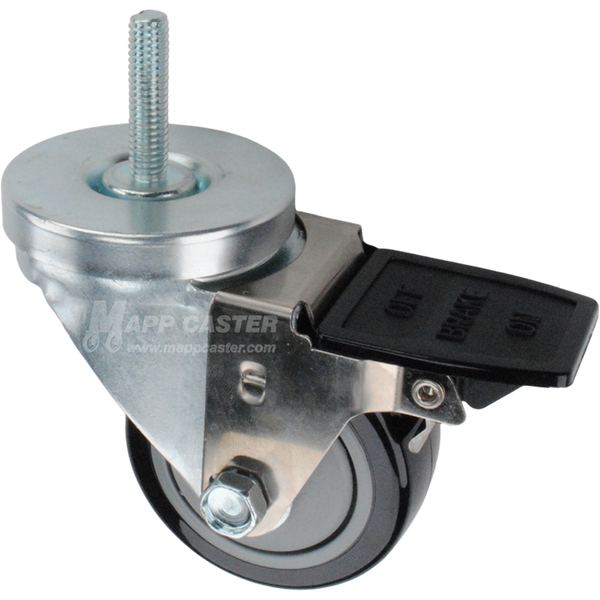Caster wheel with face contact brake, a 3 inch black polyurethane wheel and 1-1/2 inch metal threaded stem