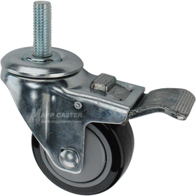 Caster wheel with a total lock brake, a 3 inch black polyurethane wheel and 1-1/2 inch metal threaded stem