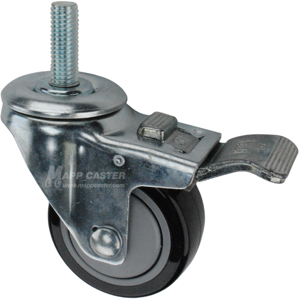 Caster wheel with a total lock brake, a 3 inch black polyurethane wheel and 1-1/2 inch metal threaded stem