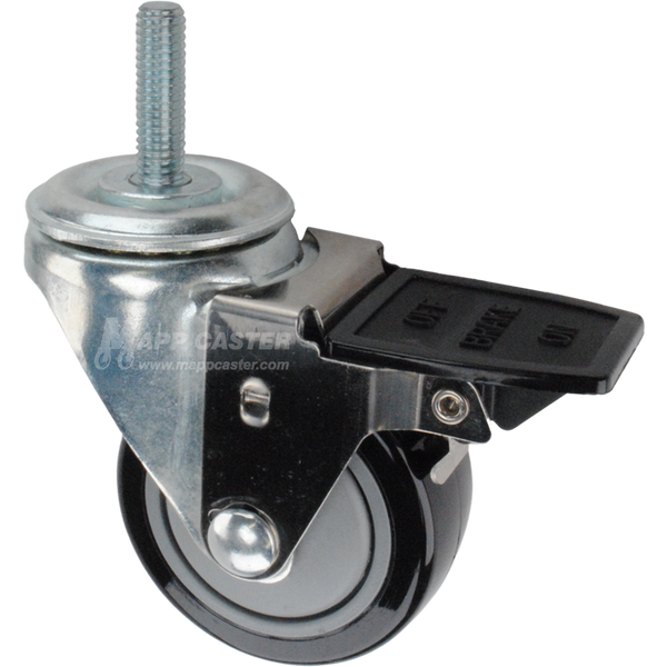 Caster wheel with a total lock brake, a 3 inch black polyurethane on plastic wheel and 1-1/2 inch metal threaded stem