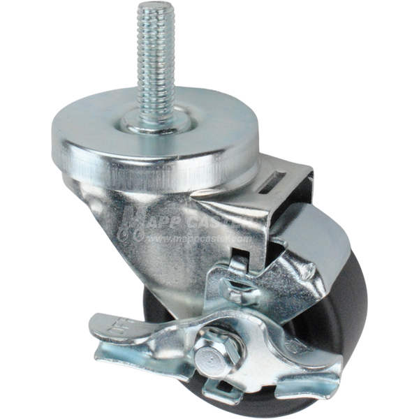 Metal caster plastic wheel with a top lock brake and threaded stem at the top