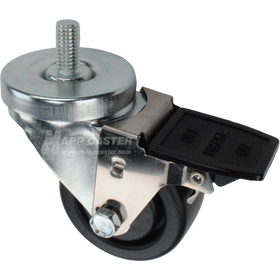 Caster wheel with face contact brake, a 3 inch black plastic wheel and 1 inch metal threaded stem