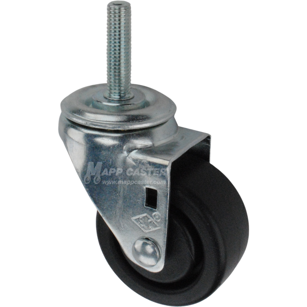 Metal caster plastic wheel with a metric threaded stem at the top