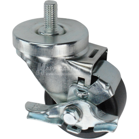 Caster wheel with brake, a black plastic tire and metal stem thread