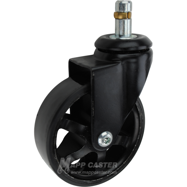 All black 3 inch poly on iron swivel caster with a 7/16 inch grip ring stem. Part # LMS30BI53YY