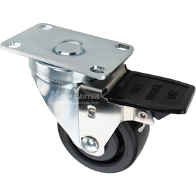 Swivel caster with face contact brake, a 3 inch black plastic wheel and O1 metal plate