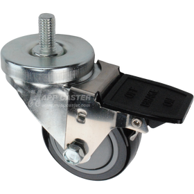Caster wheel with face contact brake, a 3 inch black polyurethane wheel and 1-1/2 inch metal threaded stem