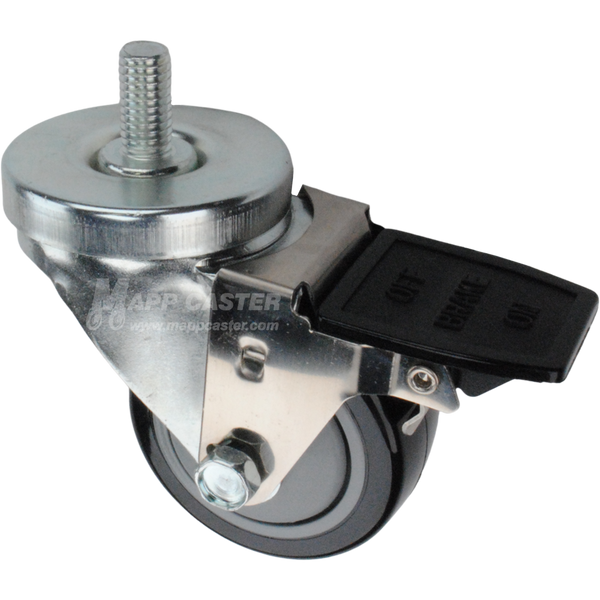 Caster wheel with face contact brake, a 3 inch black polyurethane wheel and 1-1/2 inch metal threaded stem
