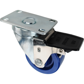 Swivel caster with face contact brake, a 3 inch blue polyurethane wheel and O1 metal plate