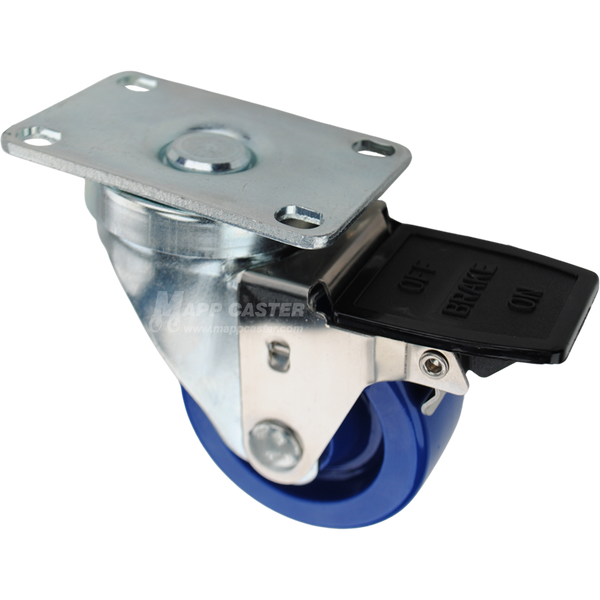 Swivel caster with face contact brake, a 3 inch blue polyurethane wheel and O1 metal plate