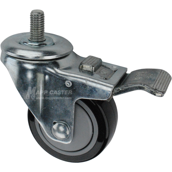 Caster wheel with a total lock brake, a 3 inch black polyurethane wheel and 1 inch metal threaded stem
