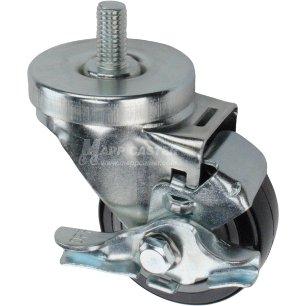 Caster wheel with brake, a black polyurethane tire and metal stem thread