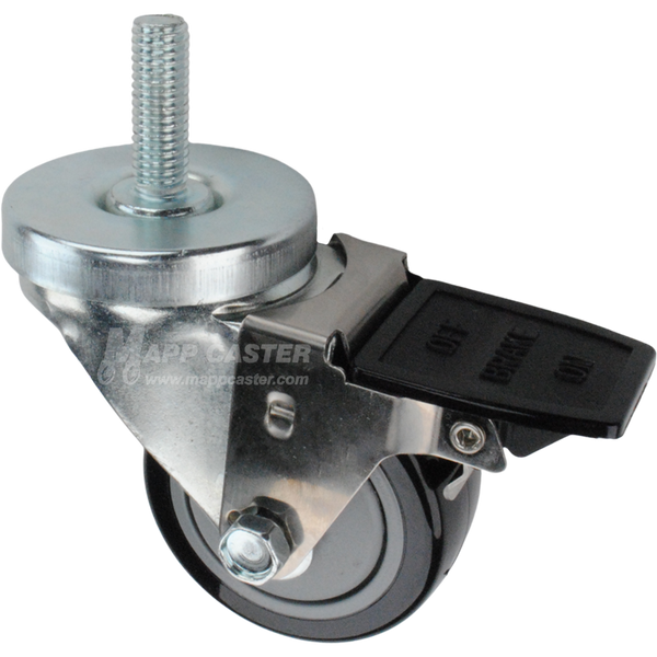 Caster wheel with a total lock brake, a 3 inch black polyurethane on plastic wheel and 1-1/2 inch metal threaded stem
