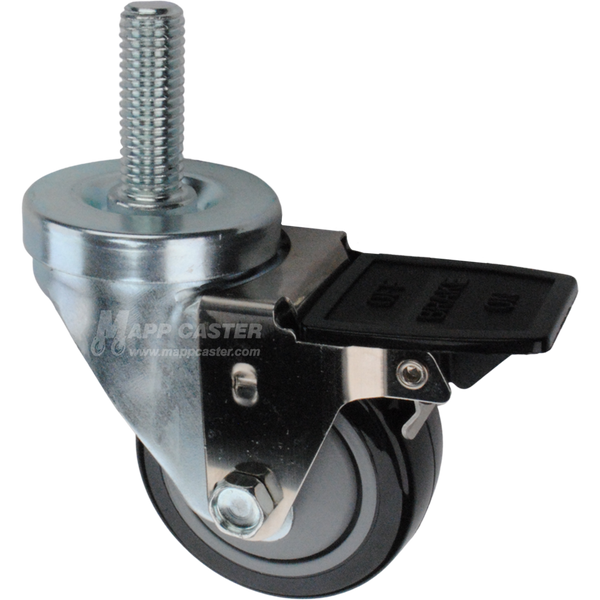 Caster wheel with face contact brake, a 3 inch black polyurethane wheel and 1-3/4 inch metal threaded stem