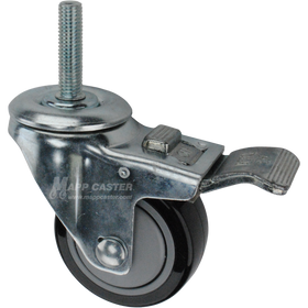 Caster wheel with a total lock brake, a 3 inch black polyurethane wheel and 1-3/4 inch long 12mm metal threaded stem