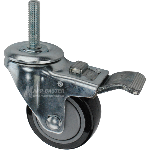 Caster wheel with a total lock brake, a 3 inch black polyurethane wheel and 1-3/4 inch long 12mm metal threaded stem