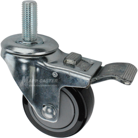 Caster wheel with a total lock brake, a 3 inch black polyurethane wheel and 1-1/2 inch long 16mm metal threaded stem