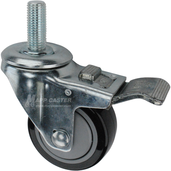 Caster wheel with a total lock brake, a 3 inch black polyurethane wheel and 1-1/2 inch long 16mm metal threaded stem