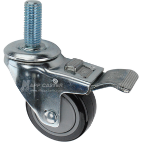 Caster wheel with a total lock brake, a 3 inch black polyurethane wheel and 1-3/4 inch metal threaded stem
