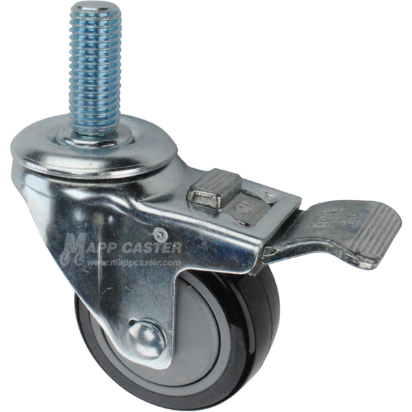 Caster wheel with a total lock brake, a 3 inch black polyurethane wheel and 1-3/4 inch metal threaded stem