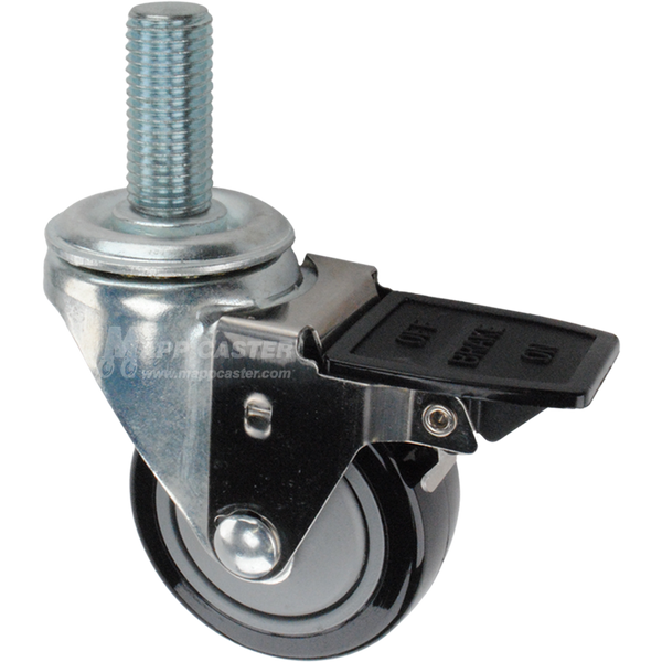 Caster wheel with a total lock brake, a 3 inch black polyurethane on plastic wheel and 20mm threaded metal stem