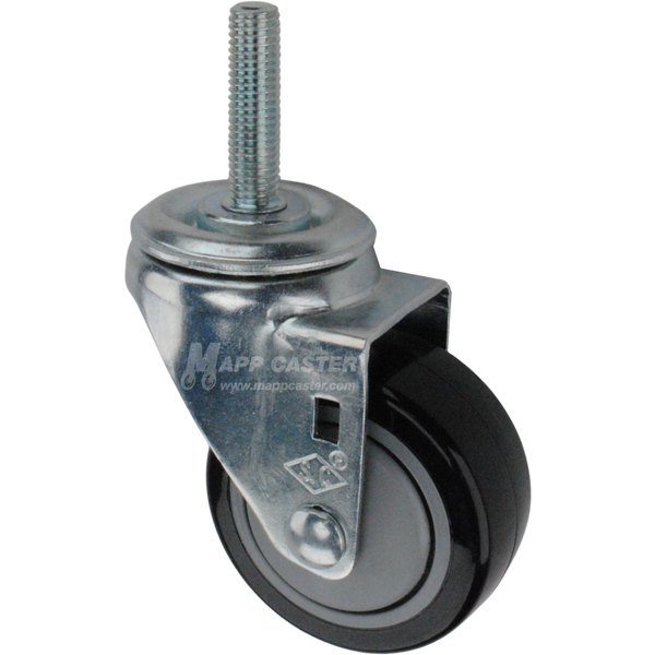 Caster wheel with a black polyurethane tire and metric threaded stem