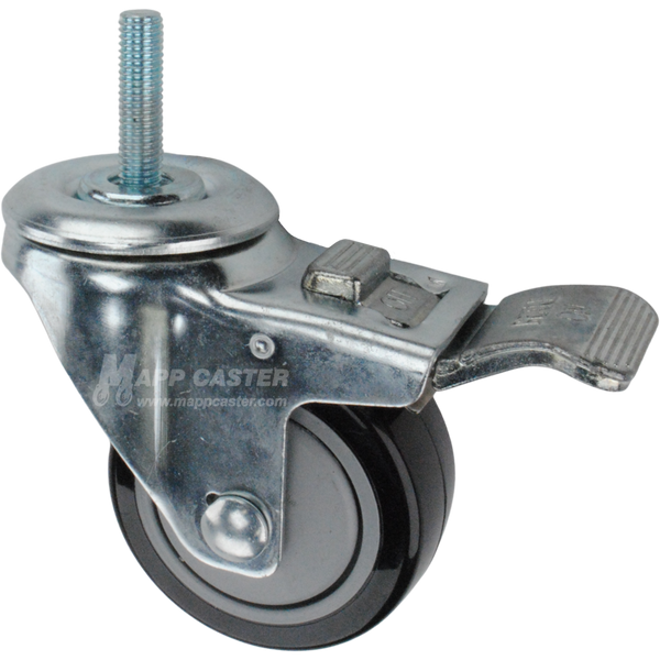Caster wheel with a total lock brake, a 3 inch black polyurethane wheel and 1-1/2 inch long 10mm metal threaded stem
