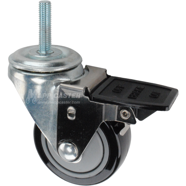 Caster wheel with a total lock brake, a 3 inch black polyurethane on plastic wheel and 10mm threaded metal stem
