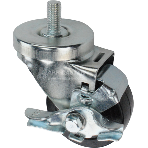 Caster wheel with brake, a black rubber tire and metal stem thread