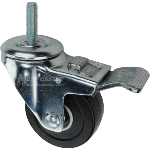 Caster wheel with a total lock brake, a 3 inch black soft rubber wheel and 1-1/2 inch metal threaded stem