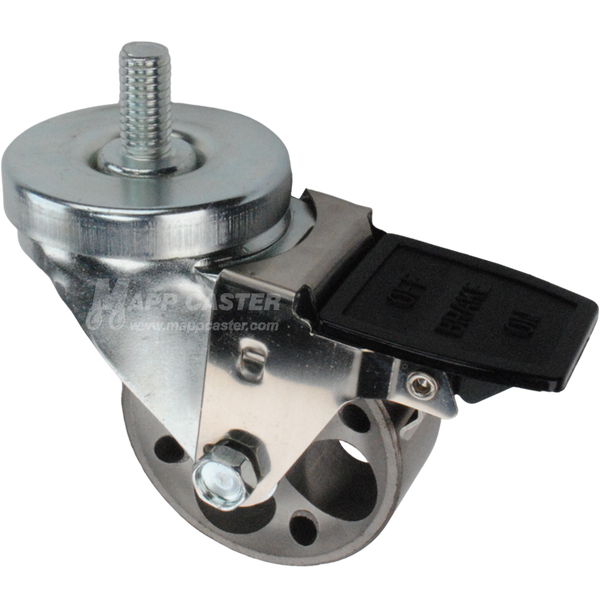 Caster wheel with face contact brake, a 3 inch silver steel wheel and 1-1/2 inch metal threaded stem