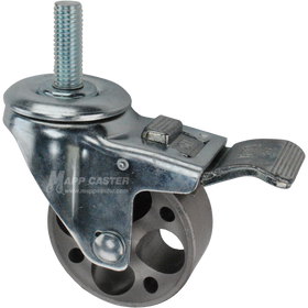 Caster wheel with a total lock brake, a 3 inch silver steel wheel and 1-1/2 inch metal threaded stem